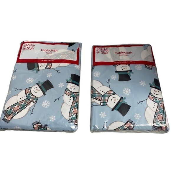 HOLIDAY STYLE Two  Rectangular Tablecloth Blue With Snowmen 52”X70” - Picture 1 of 5